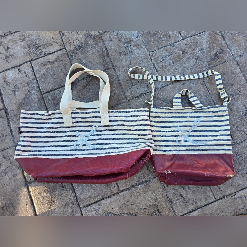 Stylish Striped Tote Bag Set with Red Accents
